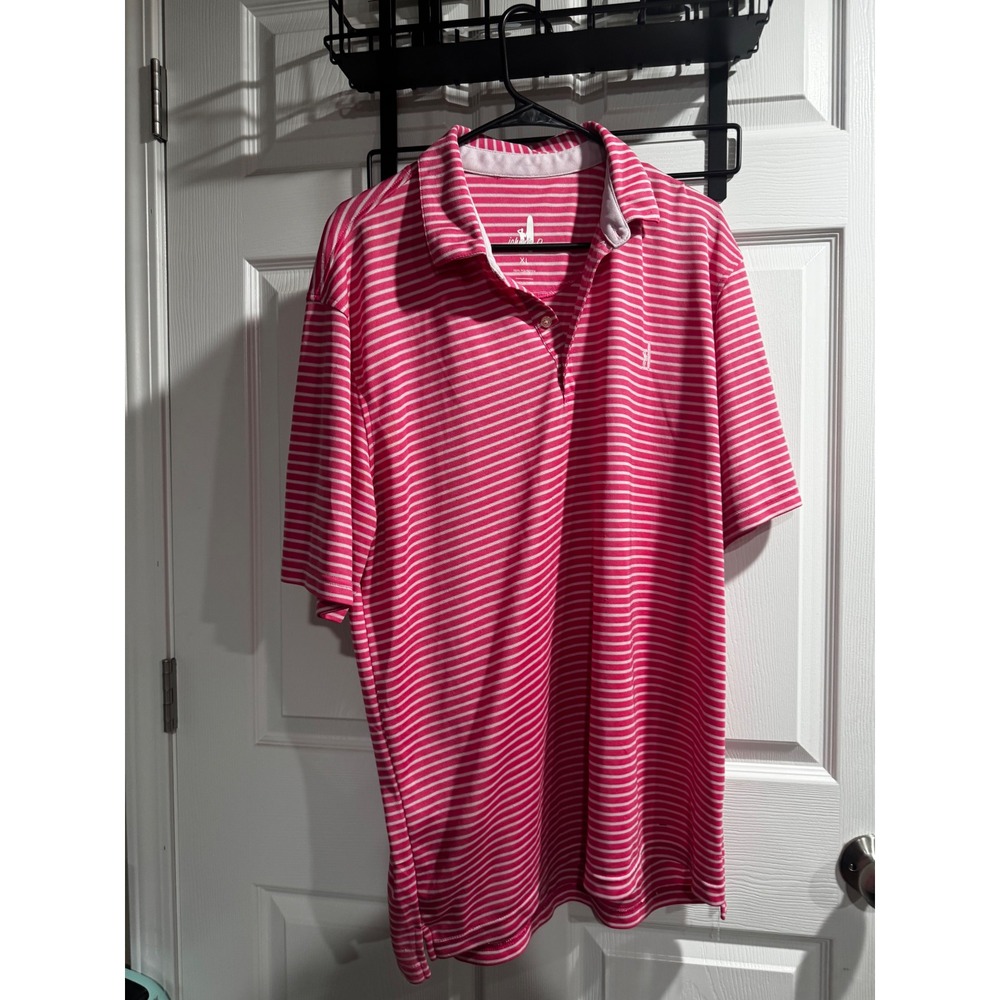 Johnnie-O Mens XL Pink White Striped Performance Golf Polo Shirt Short Sleeve